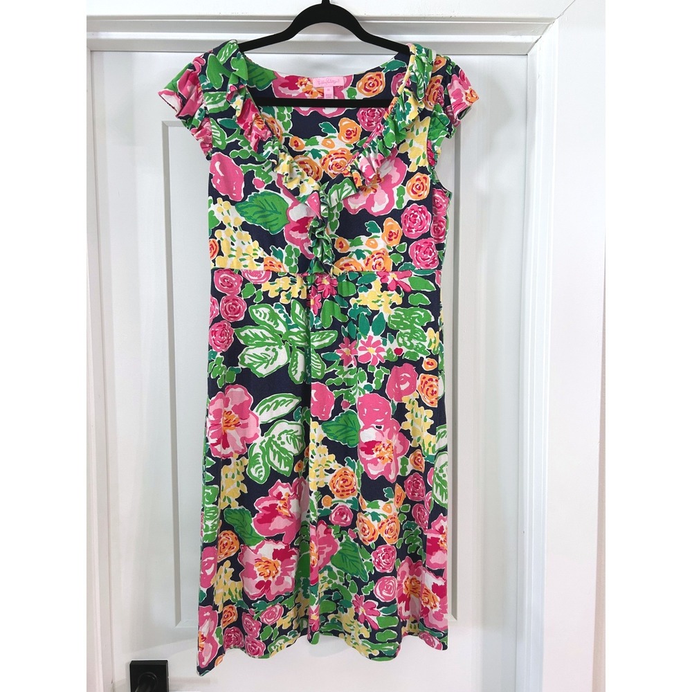 Lilly Pulitzer Silk Cotton Clare Getaway Garden Floral Ruffle Dress Navy Medium